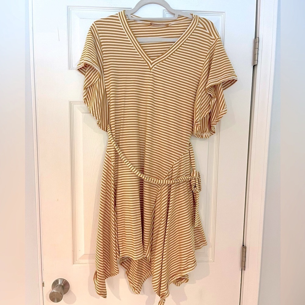 EMMER & OAT scarf hem dress in yellow and white stripes.